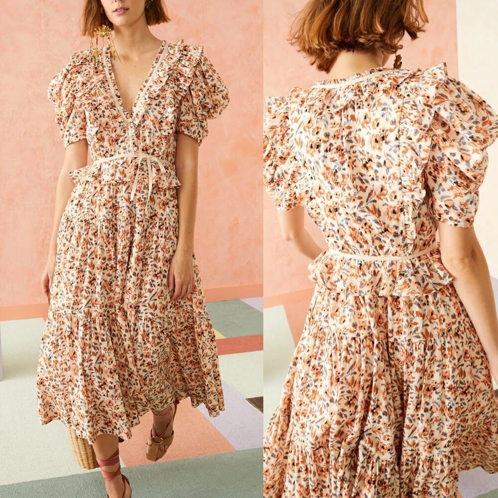 Ulla Johnson Dress Midi Wrap Orange Blue Ruffle‎ Pleated Knit Trim Lisette US 4